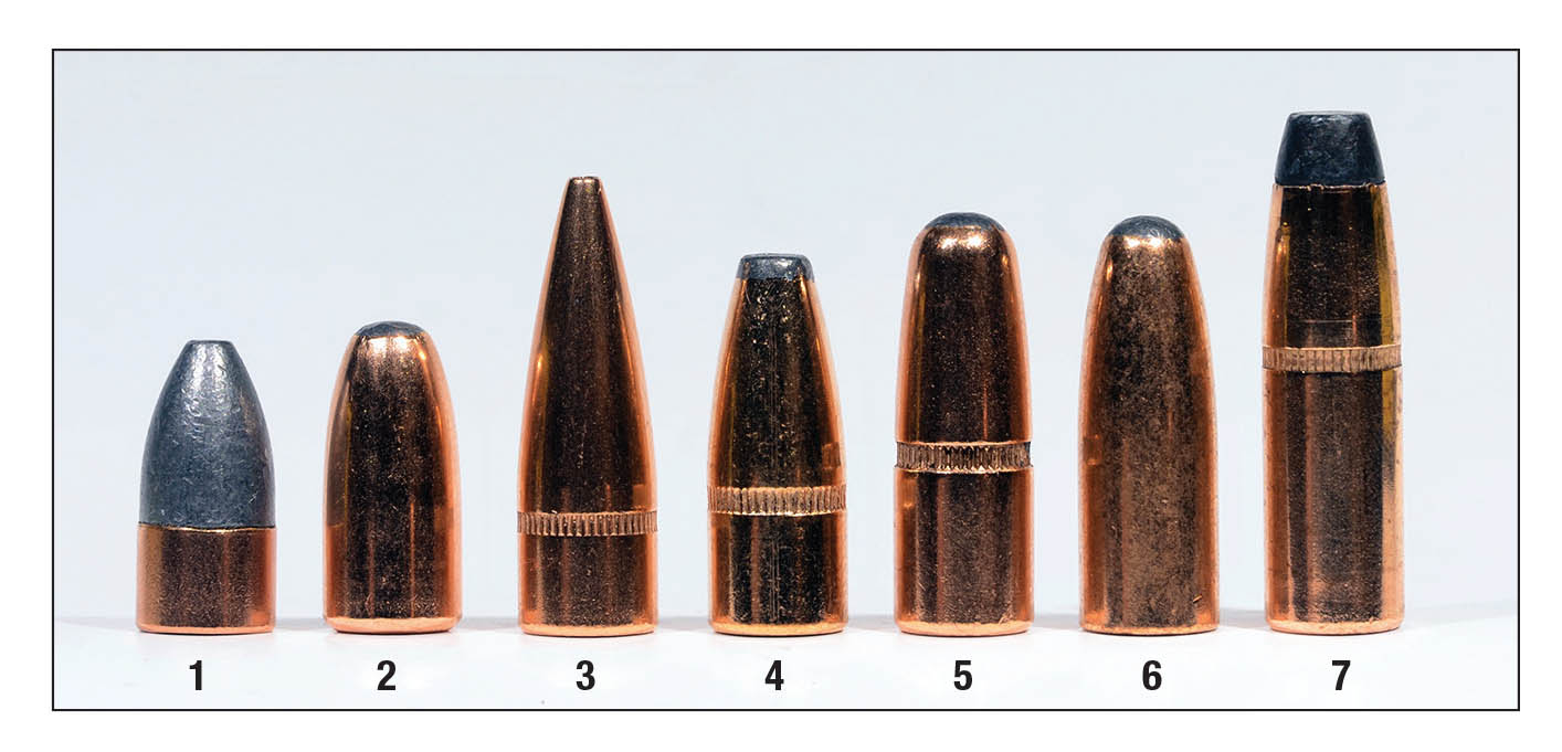 Bullets tested include the (1) Hornady 100-grain semi-jacketed, (2) Hornady 110 roundnose, (3) Hornady125 HP, (4) Speer 130  Hot-Cor flatnose, (5) Hornady 150 InterLock RN, (6) Speer 150 Hot-Cor RN and the (7) Barnes 90-grain Original.